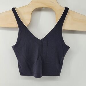 Athleta Transcend Tipped V Crop Bra Womens Small Navy Blue Yoga Workout Top